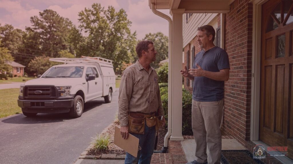 A licensed residential handyman arriving at a Hampton, GA home to assess a repair job.