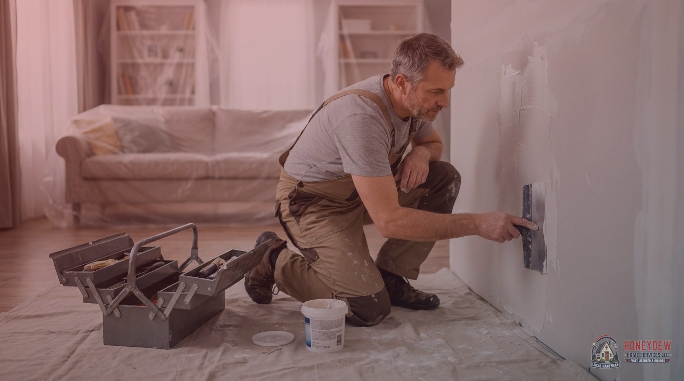 A handyman applying joint compound to a drywall patch inside a residential living room.