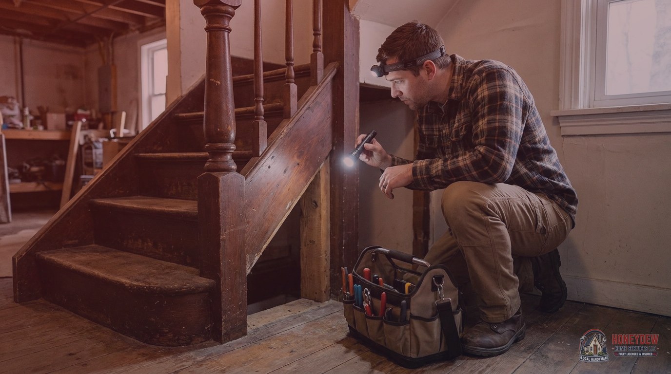 A handyman inspecting a hard-to-access area beneath a staircase to assess a repair.