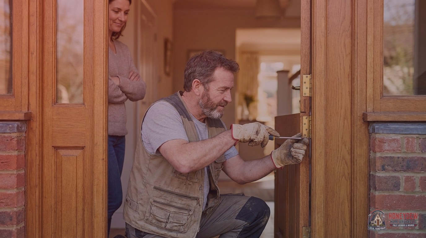 A handyman tightening a door hinge during a quick residential service call.