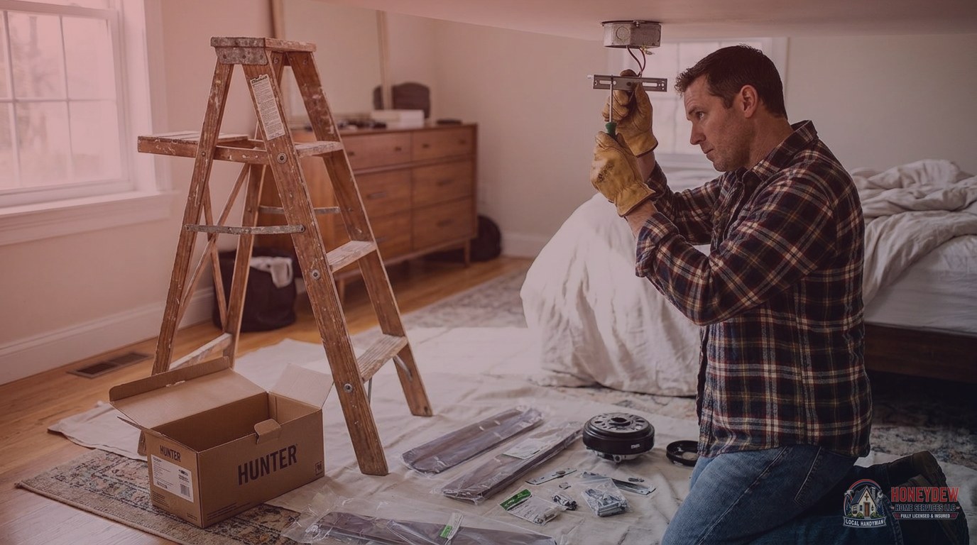 A handyman installing a ceiling fan as part of an authorized fixture-swap repair in a Georgia home.