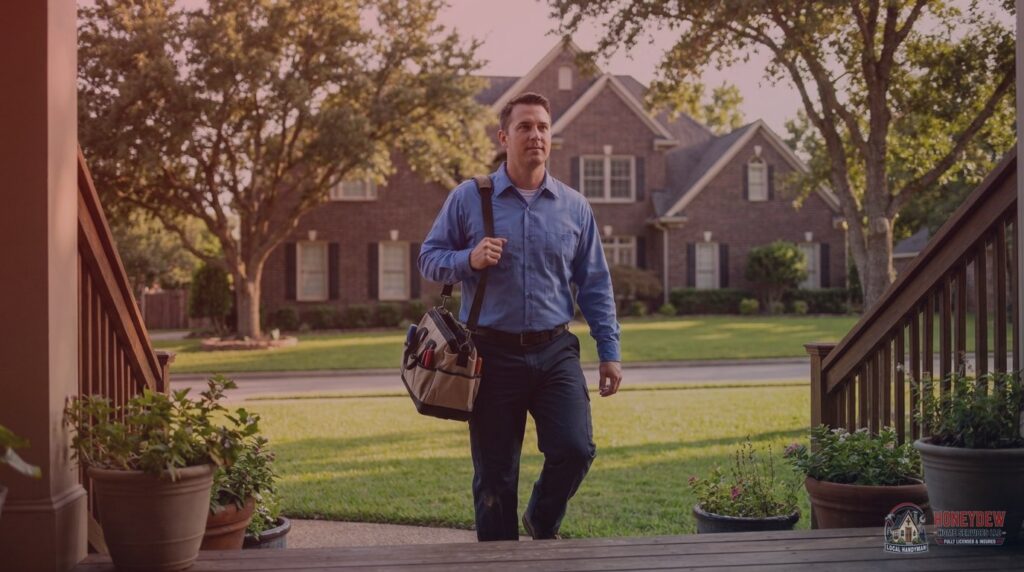 A licensed residential handyman arriving at an affluent Fayetteville, GA home with tools ready for repair work.