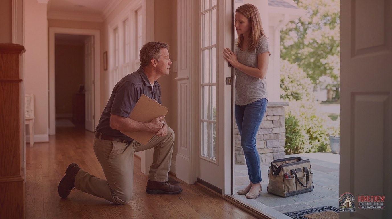 A handyman consulting with a Fayetteville homeowner at the front door of a well-maintained executive residence.