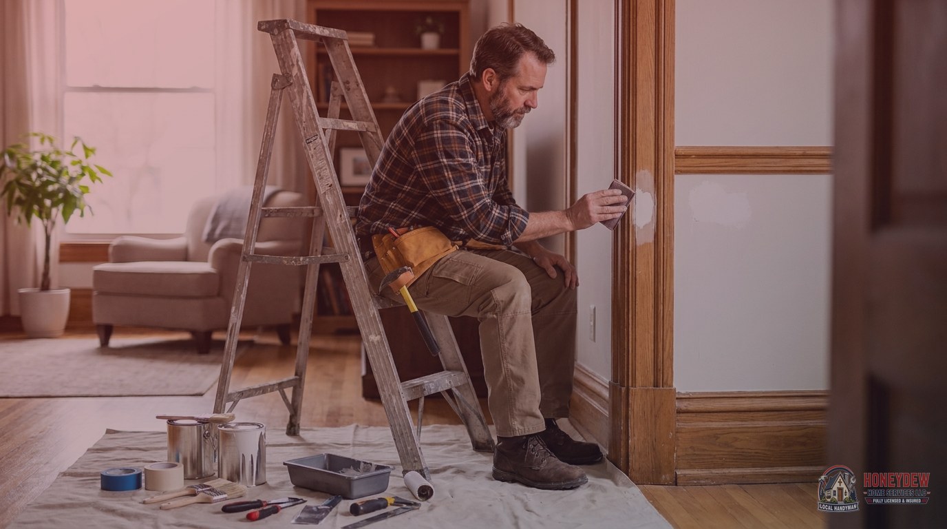 A handyman performing interior drywall repair and trim work inside a residential home.