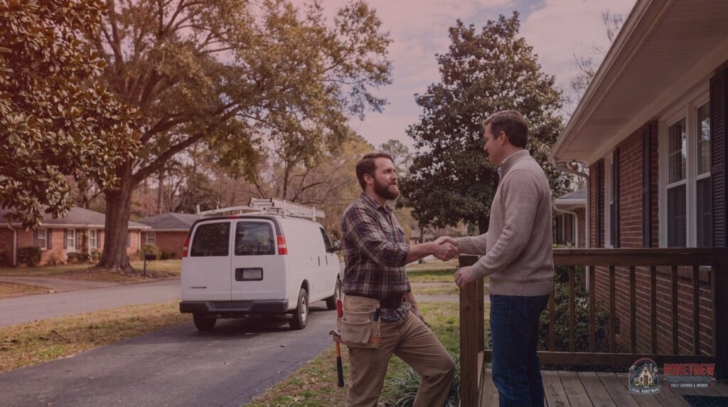A licensed handyman greeting a Fayetteville homeowner at the front door of a suburban home.