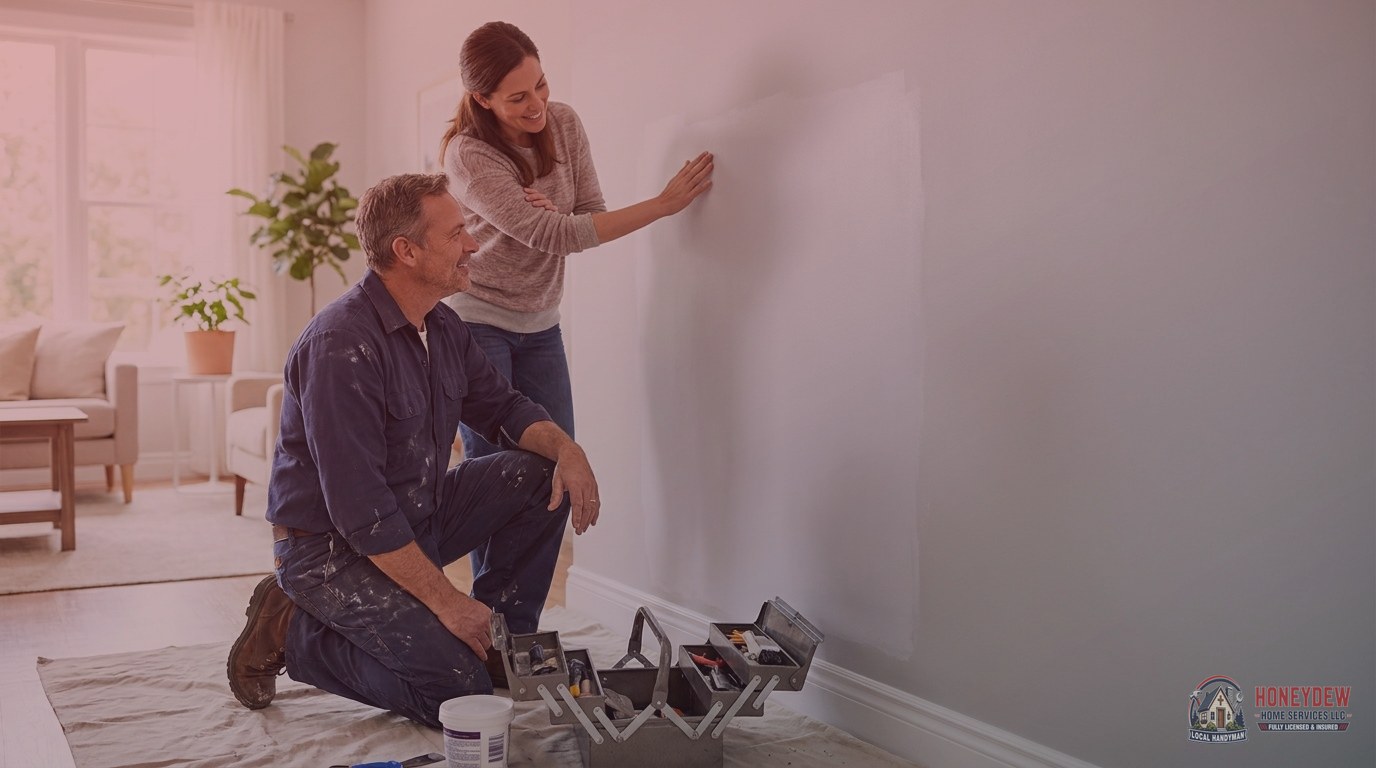 A handyman reviewing a completed drywall repair with a homeowner inside a residential room.