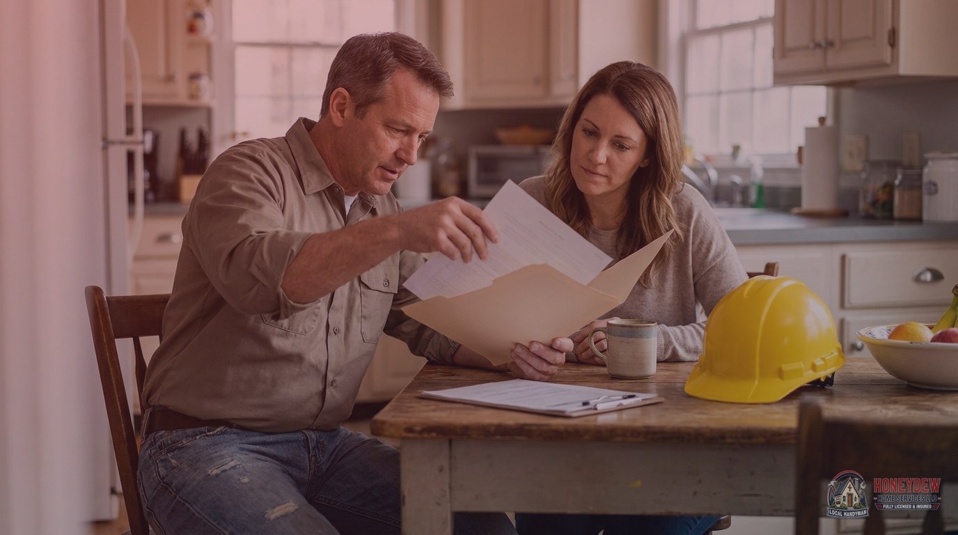 A handyman presenting insurance credentials to a homeowner at a kitchen table before starting a job.