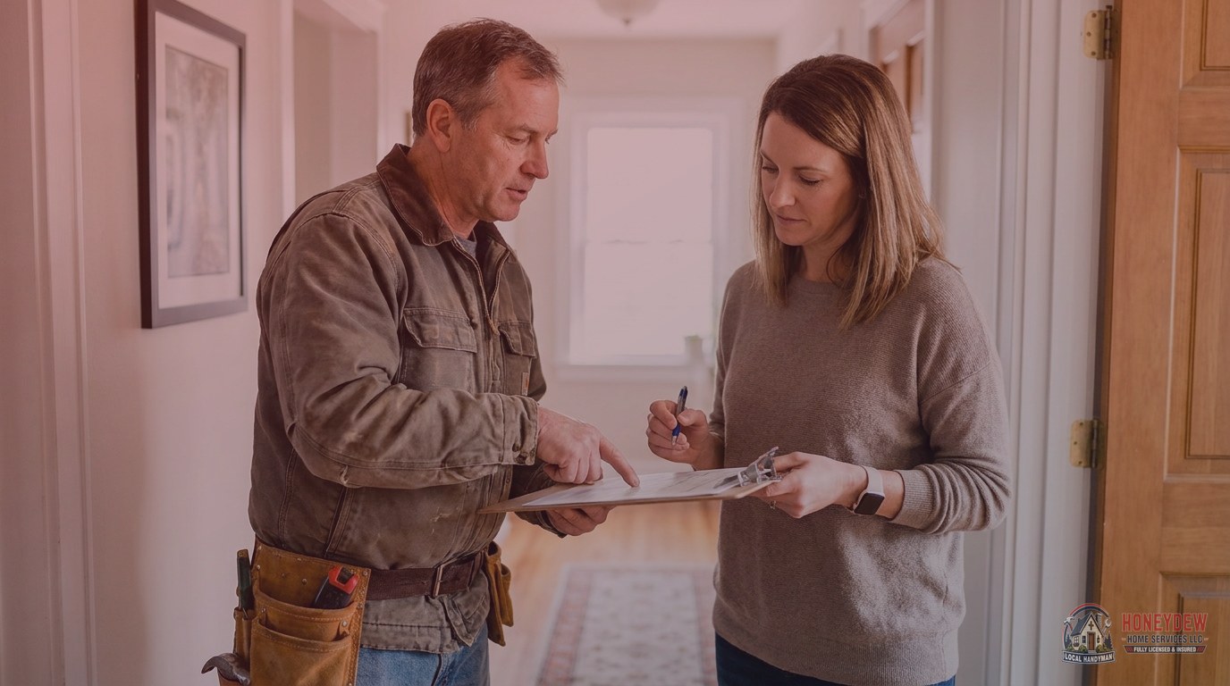 A handyman and homeowner reviewing a written scope-of-work estimate on a clipboard before work begins.
