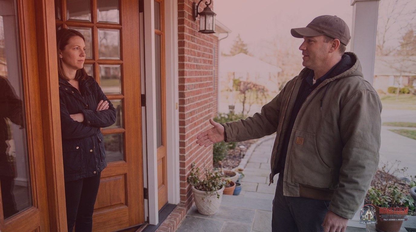 A cautious homeowner at her front door refusing to engage with an unverified contractor on her porch.