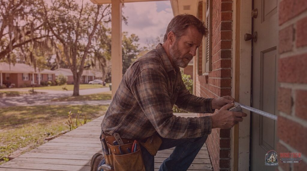 A licensed residential handyman inspecting a door frame on the porch of a Griffin, GA home.