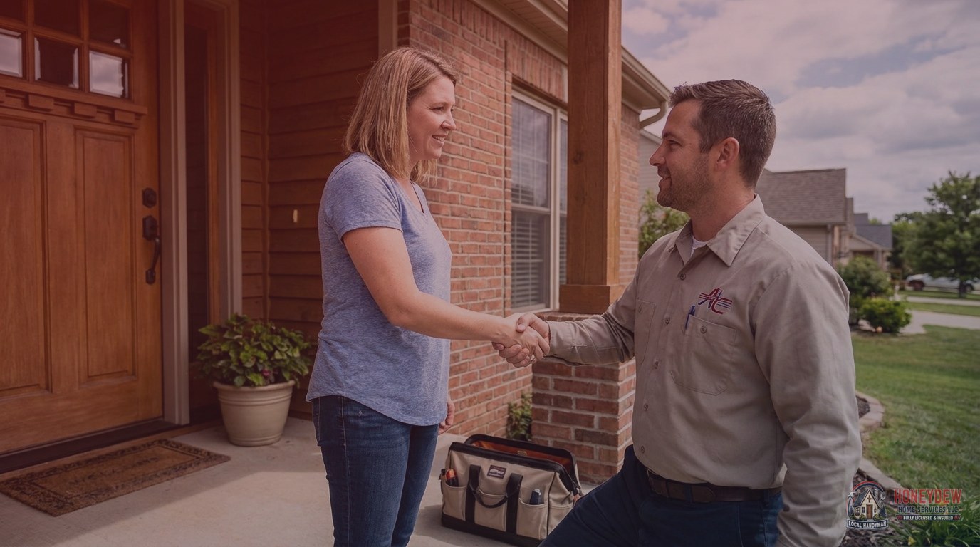 A handyman greeting a homeowner at the front door of a residential property in Griffin, GA.