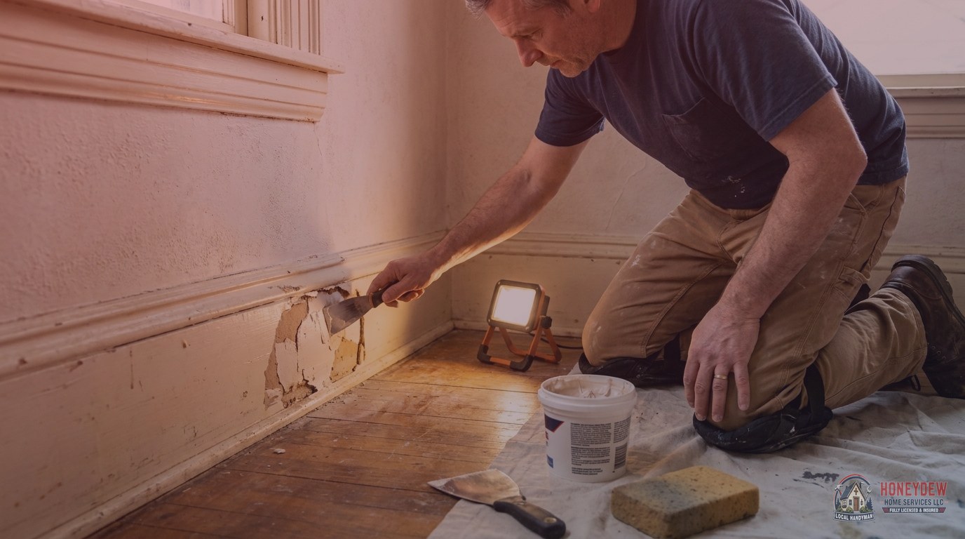 A handyman repairing damaged drywall inside an older Griffin, GA home with visible aging trim and walls.