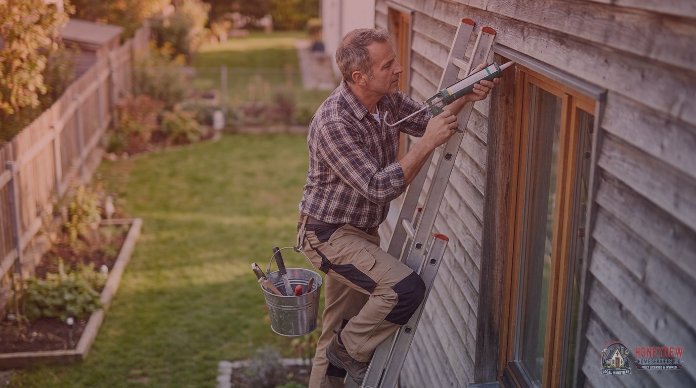 A handyman sealing a window frame with a caulking gun on the exterior of a residential home.
