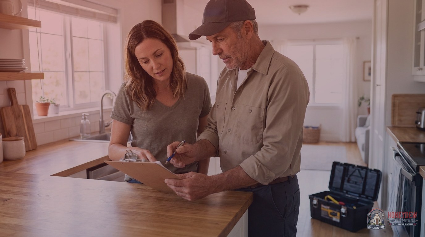 A handyman reviewing a repair estimate with a homeowner at a kitchen counter.