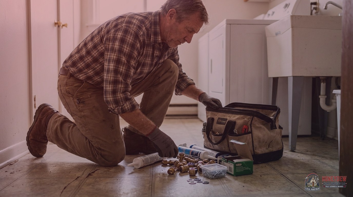 A handyman organizing repair materials and hardware from a tool bag on a residential laundry room floor.