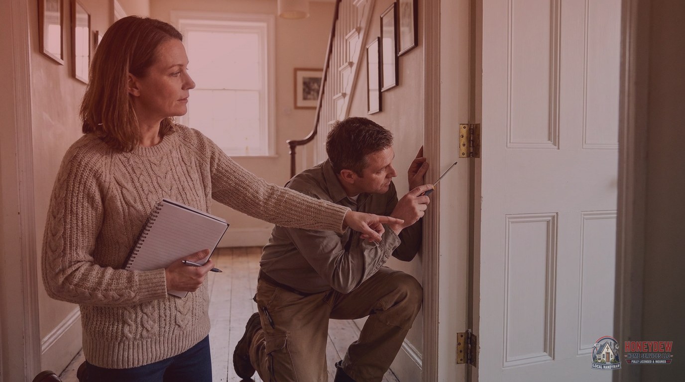 A homeowner pointing out a sticking interior door to a handyman preparing to bundle multiple small repairs in one visit.