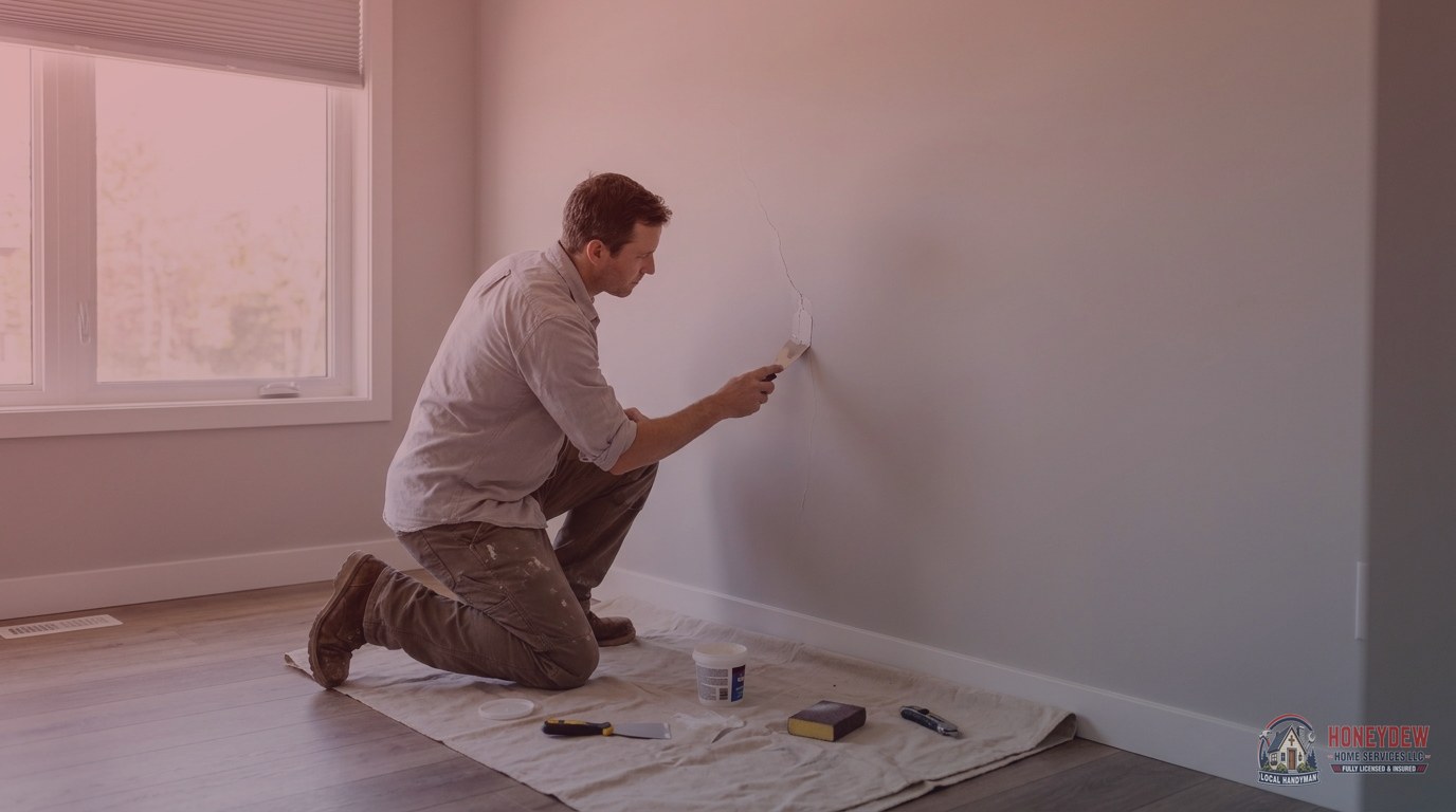 A handyman patching a hairline settling crack in the drywall of a newer Locust Grove home.