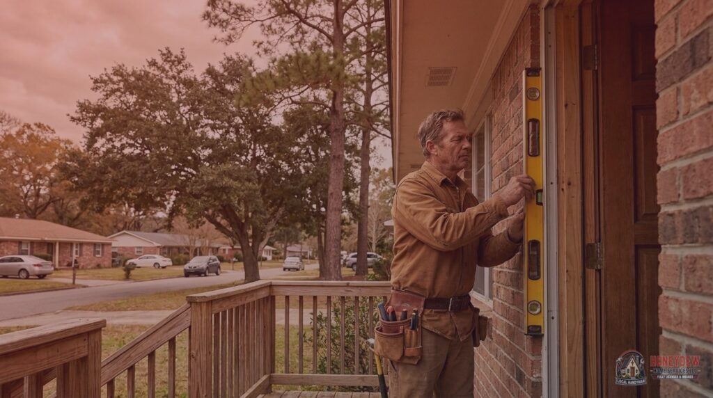 A licensed residential handyman inspecting a door frame on a ranch-style home in Hampton, GA.