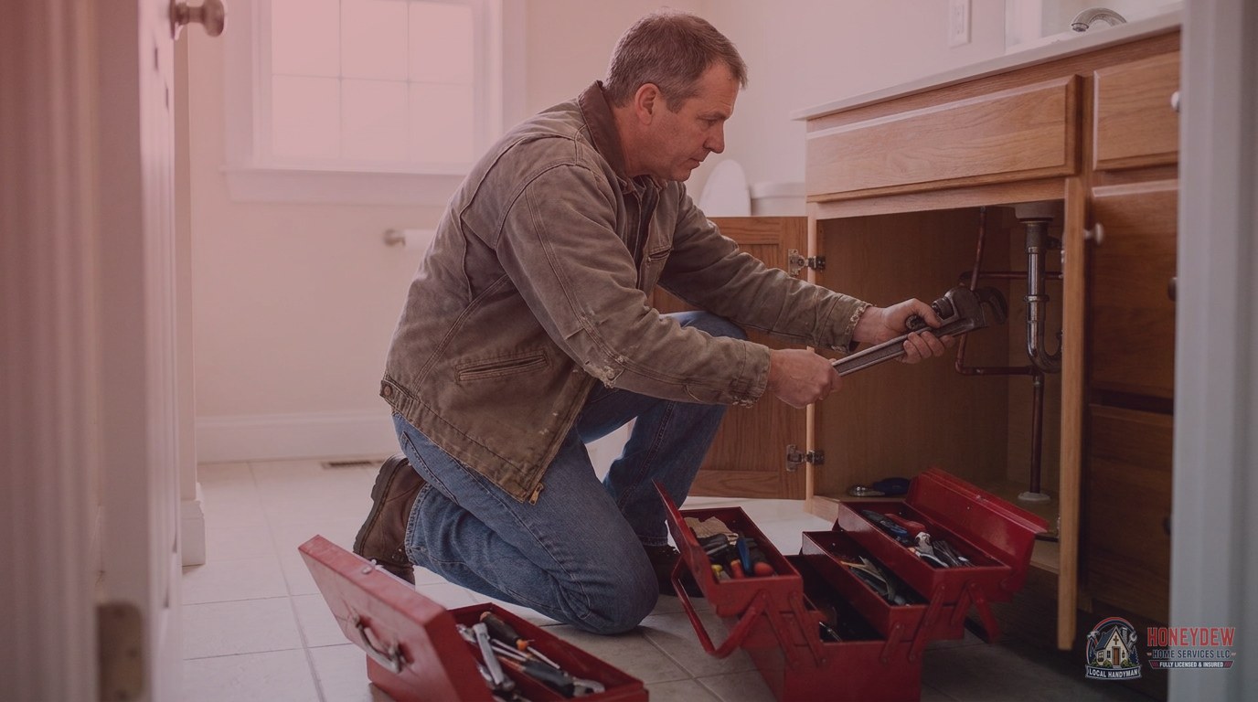 A handyman replacing a faucet under a bathroom sink as part of a residential repair service.