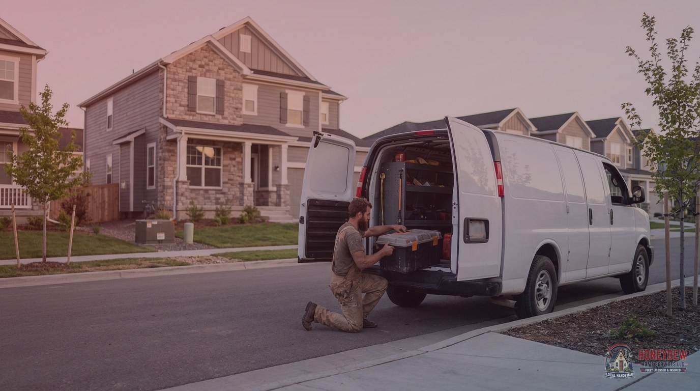 A handyman arriving at a subdivision home in a residential neighborhood to perform repair work.