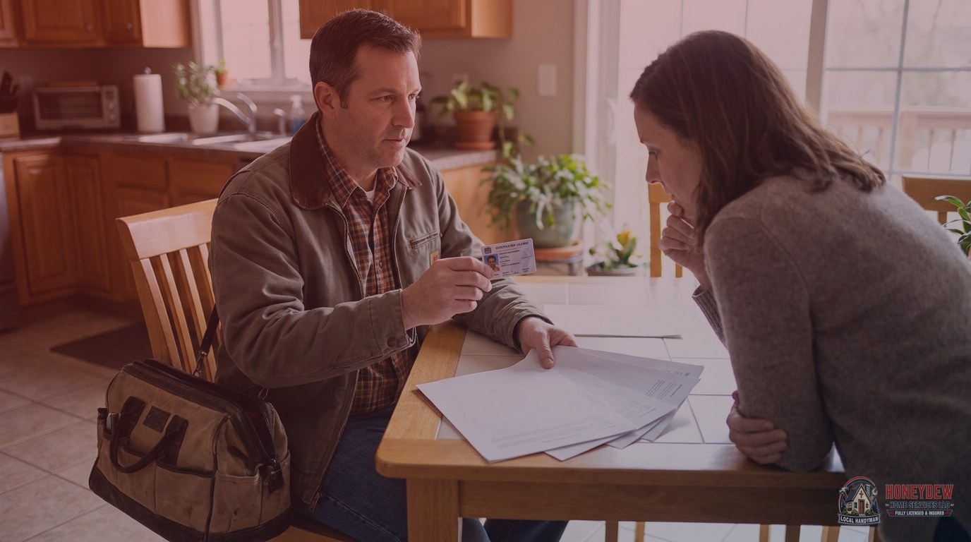 A licensed handyman presenting his contractor credentials to a homeowner before beginning residential repair work.
