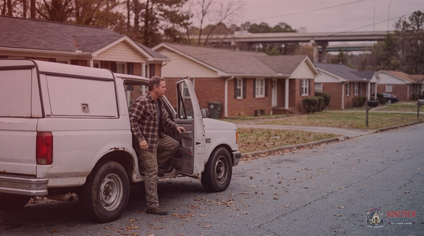 A handyman's service truck parked along a residential street in a Locust Grove, GA neighborhood.