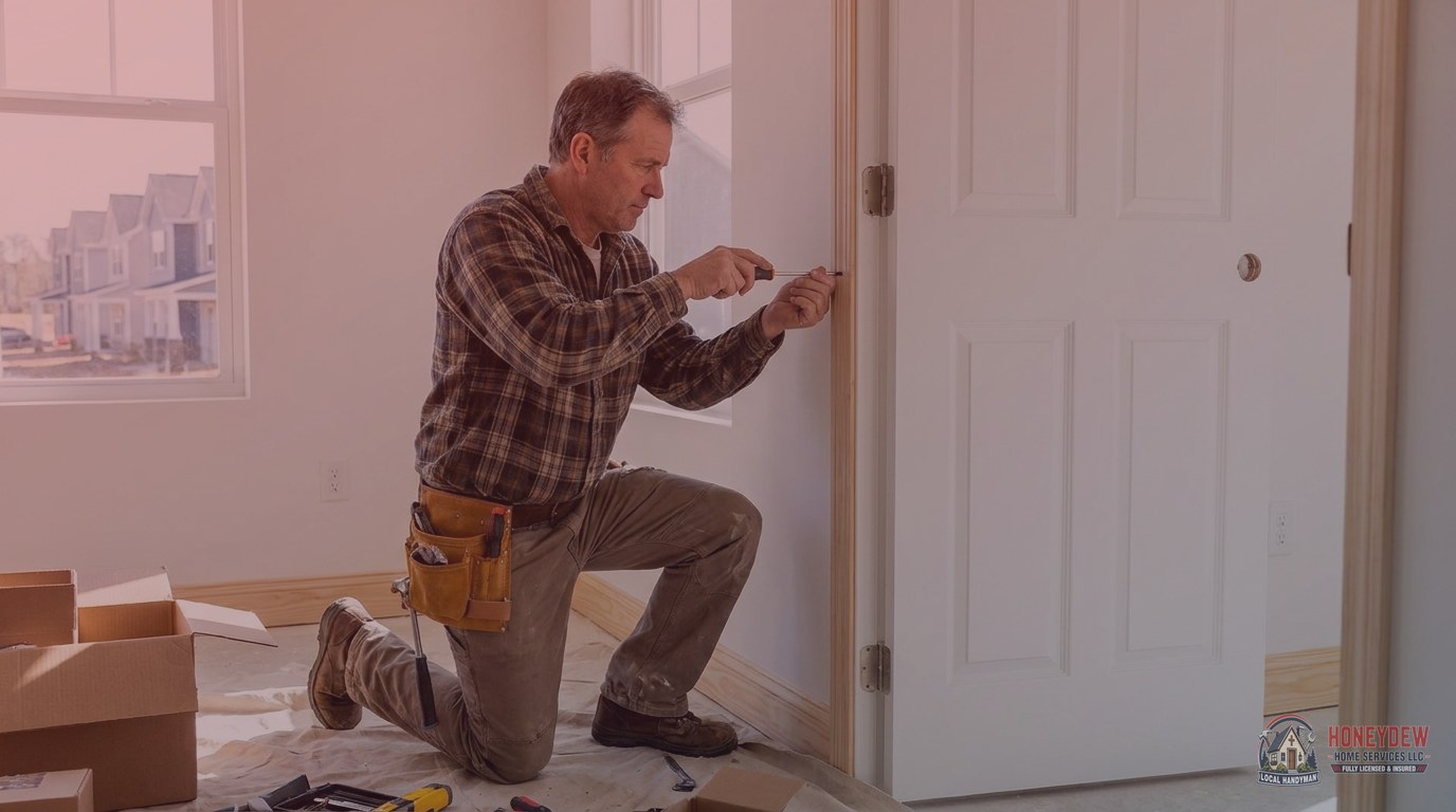 A handyman repairing builder-grade fixtures inside a newly constructed subdivision home in Locust Grove, GA.