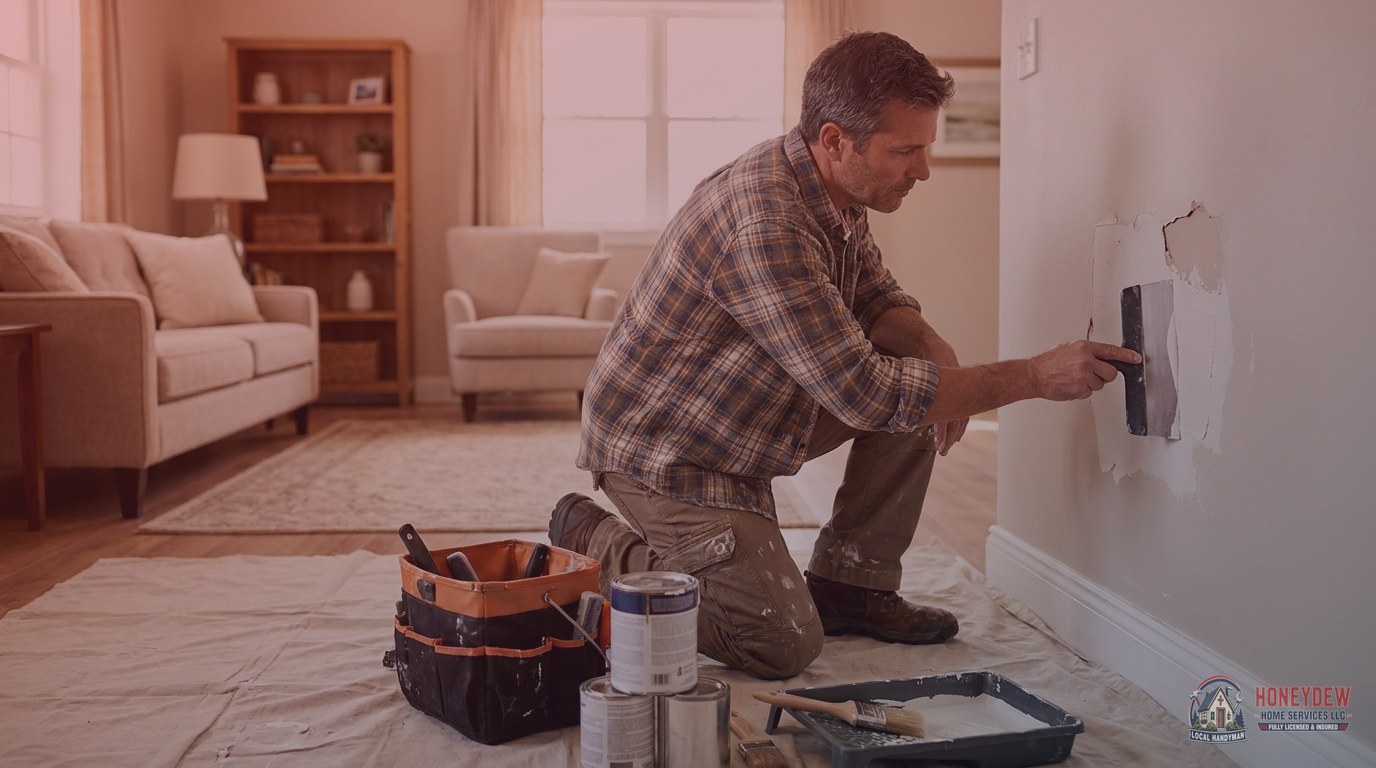 A handyman performing interior drywall repair inside a residential home.