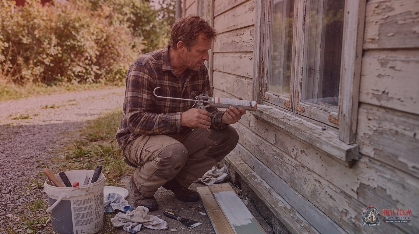 A handyman applying caulk to weathered exterior window trim on a suburban Georgia home.