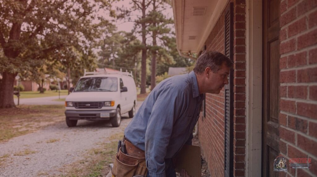 A licensed residential handyman inspecting a door frame on the porch of a Middle Georgia home.
