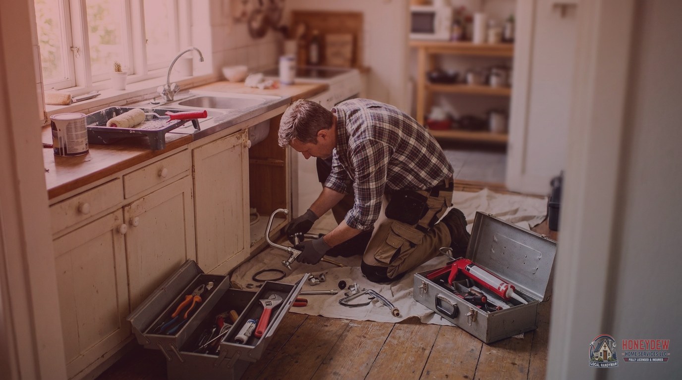 A handyman completing multiple home repair tasks including fixture installation and painting supplies during a single visit.