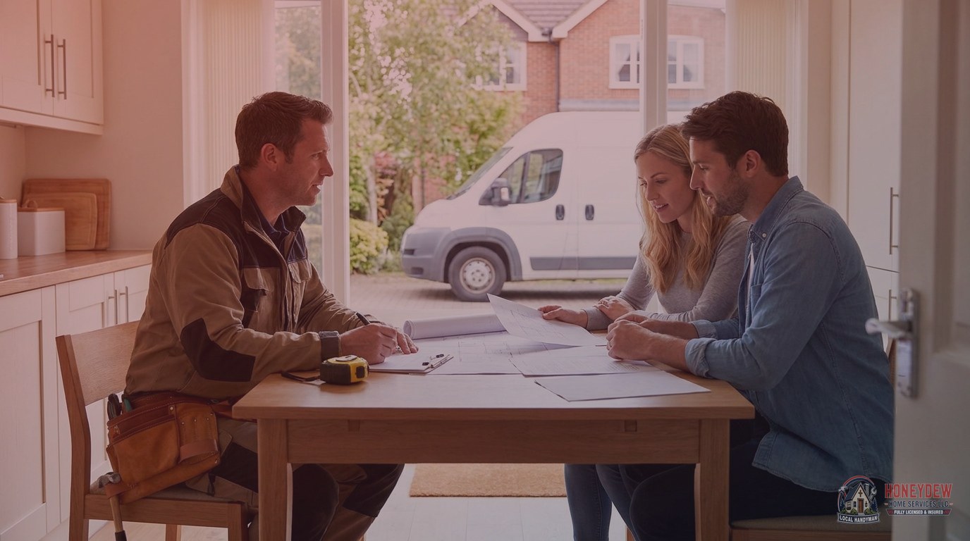 A residential handyman meeting with homeowners to discuss a multi-task repair appointment at their home.