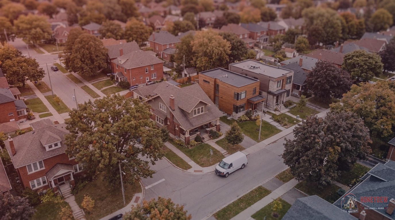 A white service van parked in front of a brick home on a tree-lined residential street viewed from above.