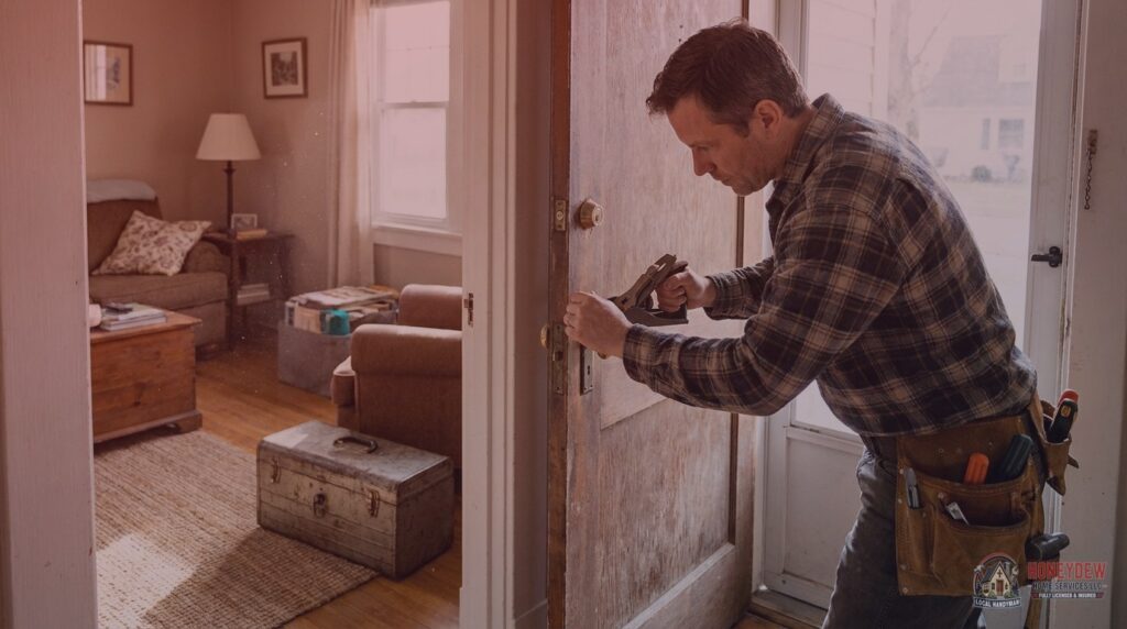 A handyman using a hand plane to trim the edge of a wooden door in a residential doorway.