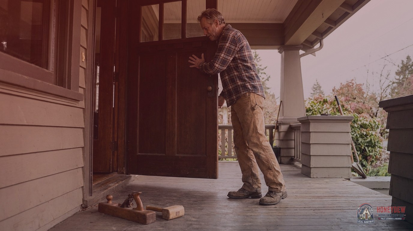 A handyman inspecting a swollen exterior door for warping and fit issues caused by humidity.