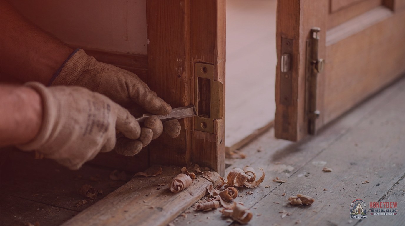 A handyman chiseling out a door frame mortise to reposition a misaligned strike plate.