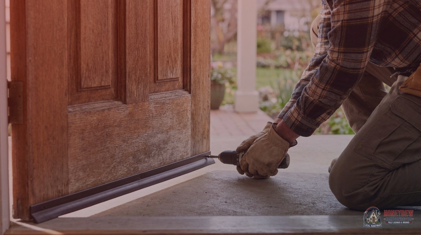 A handyman installing a rubber door sweep along the base of a residential exterior door to seal out drafts.