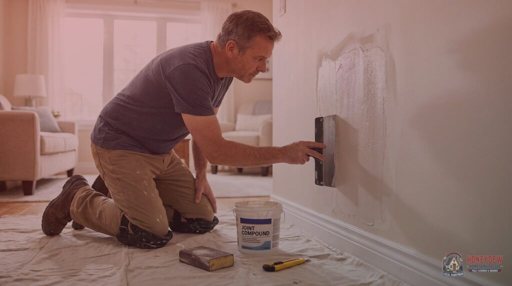 A licensed handyman applying joint compound to a drywall patch on a residential living room wall.