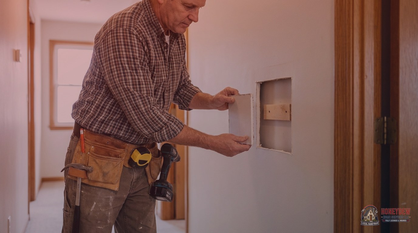 A handyman fitting a cut drywall patch into a doorknob hole in a residential hallway wall.