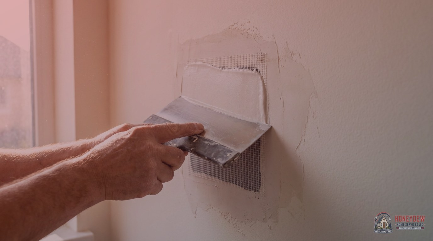 A handyman feathering joint compound over a mesh drywall patch during a multi-coat hole repair.