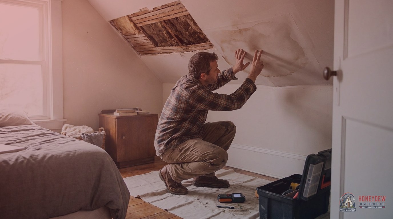 A handyman assessing water-damaged drywall on a residential bedroom ceiling before beginning repairs.