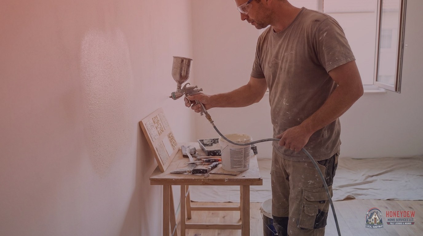 A handyman spraying orange-peel texture onto a drywall patch to match the surrounding wall finish.