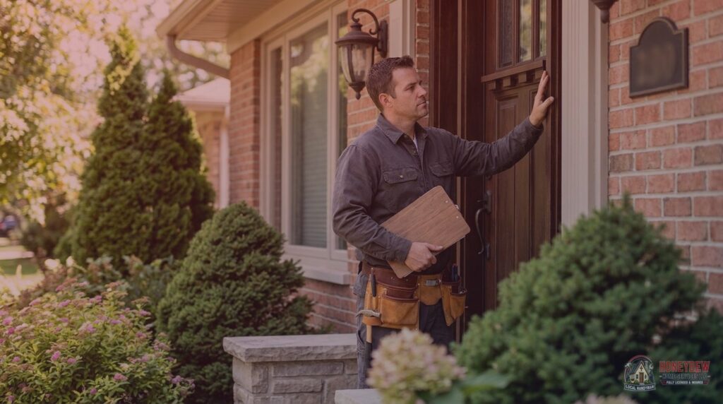A licensed residential handyman inspecting the front door frame of a well-maintained suburban home in Fayetteville, GA.