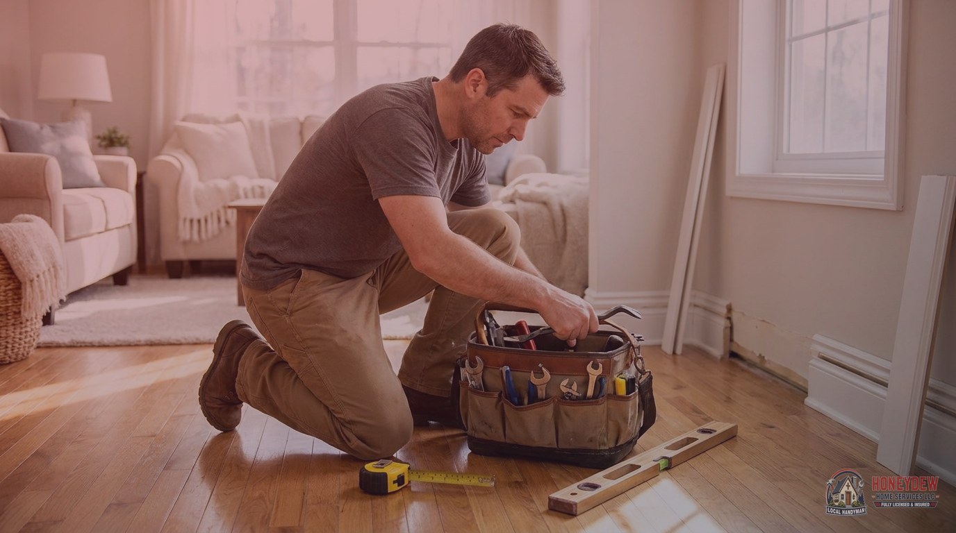 A handyman selecting a tool from an open tool bag before performing a trim repair in a residential living room.