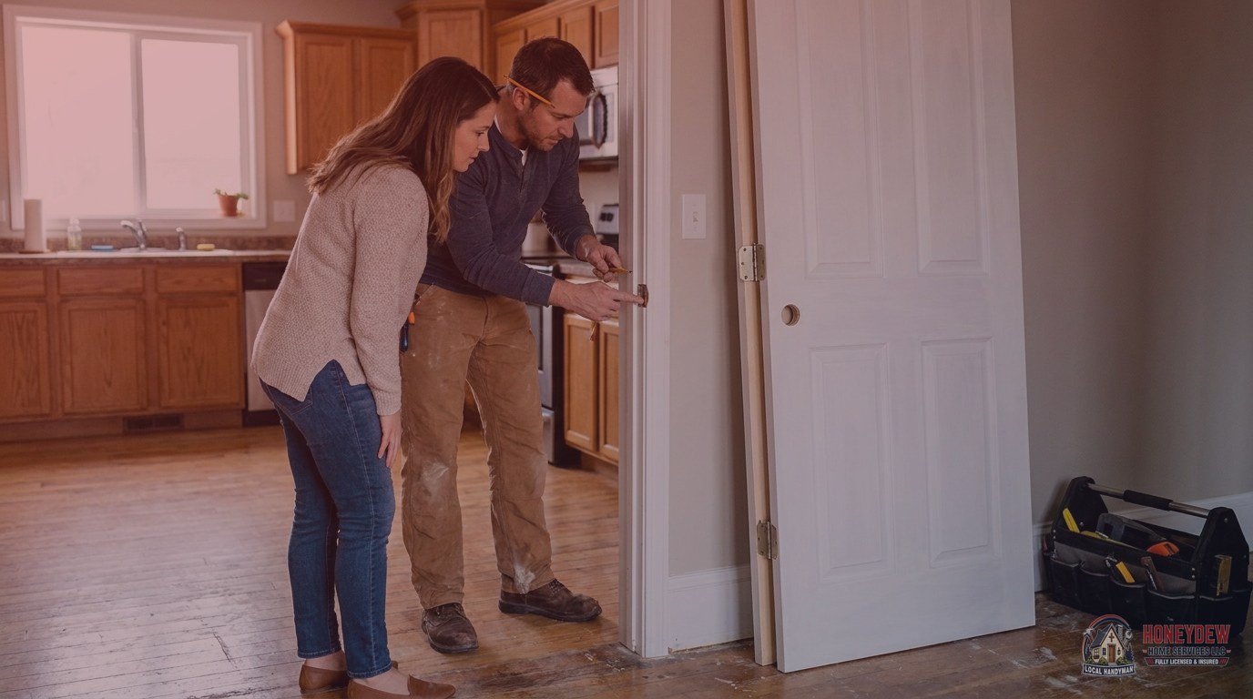 A handyman discussing a door-hanging job with a homeowner in a residential kitchen doorway.