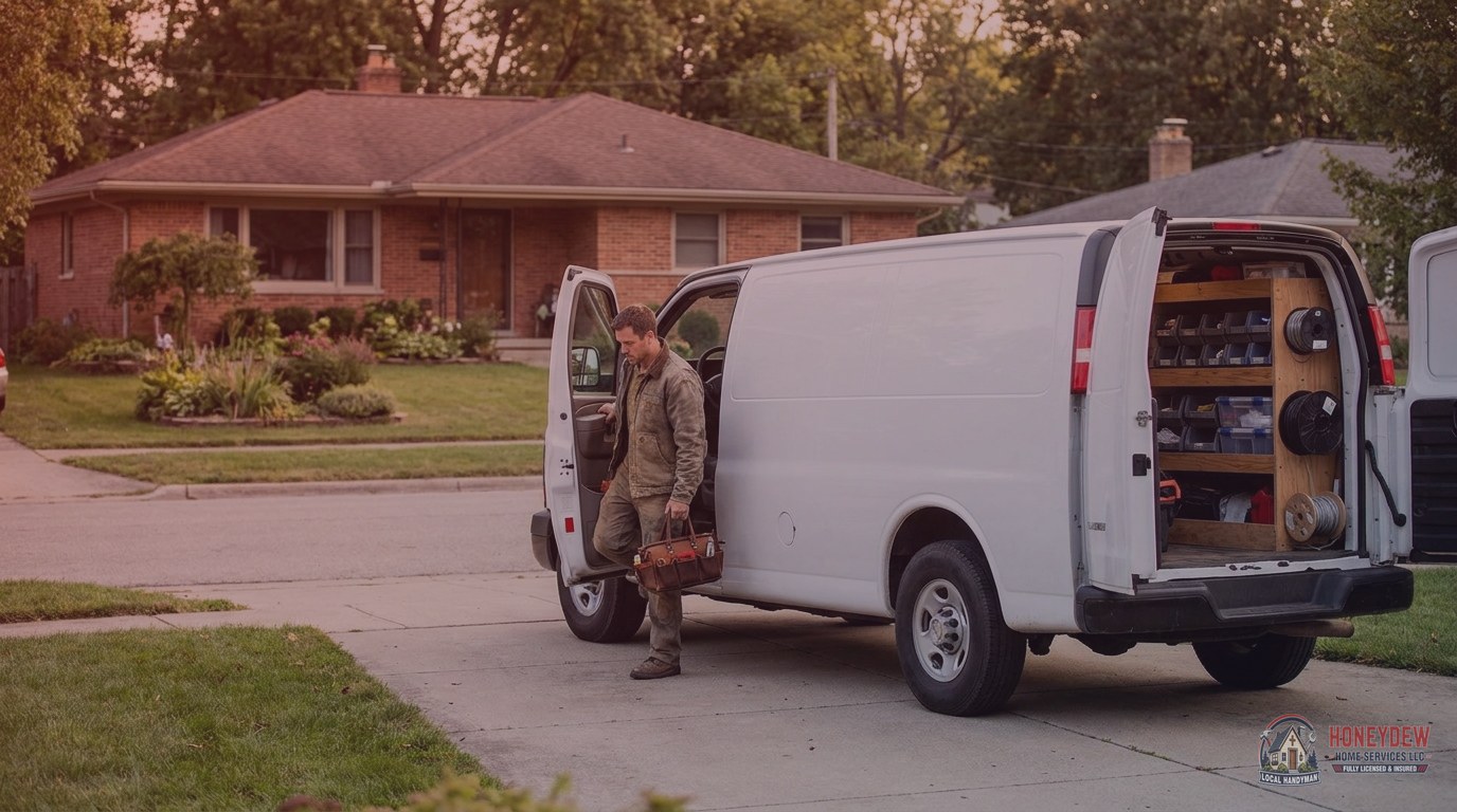 A handyman arriving at a residential home and unloading tools from a service van parked in the driveway.