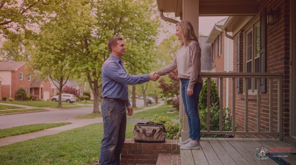 A licensed residential handyman greeting a homeowner at the front door of a suburban Henry County home.