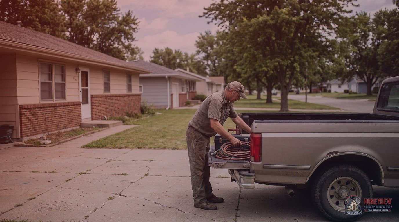A local handyman loading tools into his truck in a residential McDonough neighborhood.