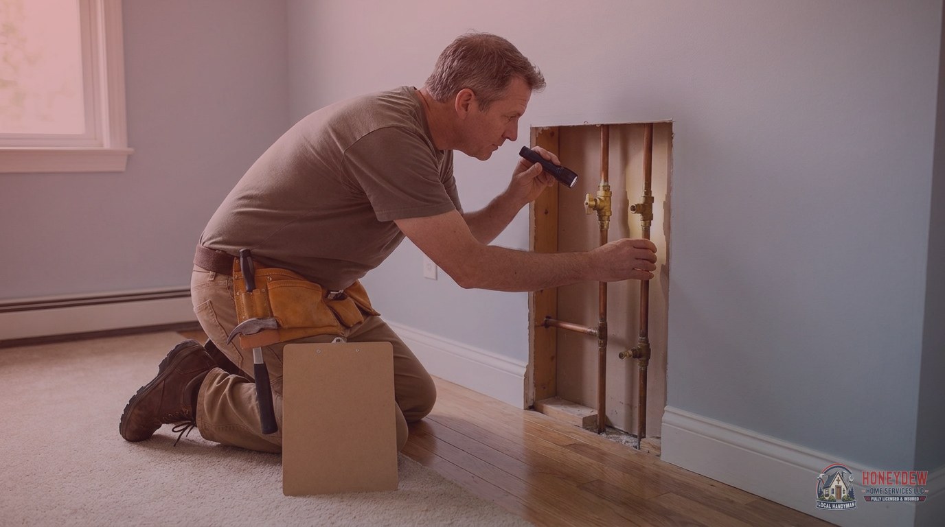 A licensed handyman inspecting residential plumbing inside a home during a permitted repair visit.