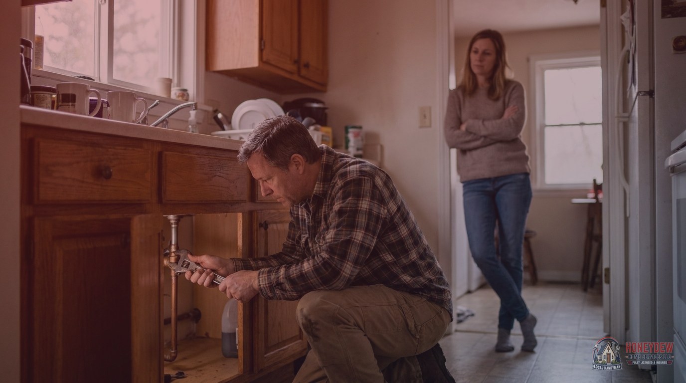 A local handyman making a rapid-response plumbing repair under a kitchen sink in a Henry County home.